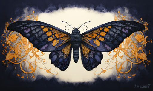 Black moth with purple and yellow wings in detailed style