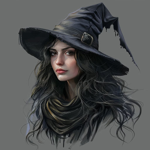 Realistic and refined witch clipart on slate grey background