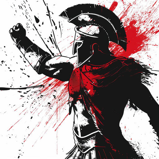 Spartan warrior in battle cry, silhouette style, red and black ink on white background