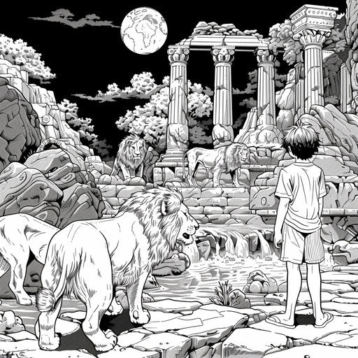 Daniel and the lions in a serene, ancient setting, Mamoru Hosoda style