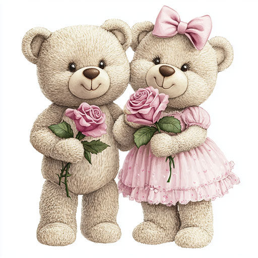 Cute teddy bear couple with roses in pink dress