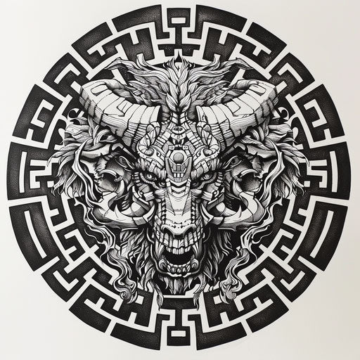 Intricate Minotaur-inspired labyrinth Greek tattoo design