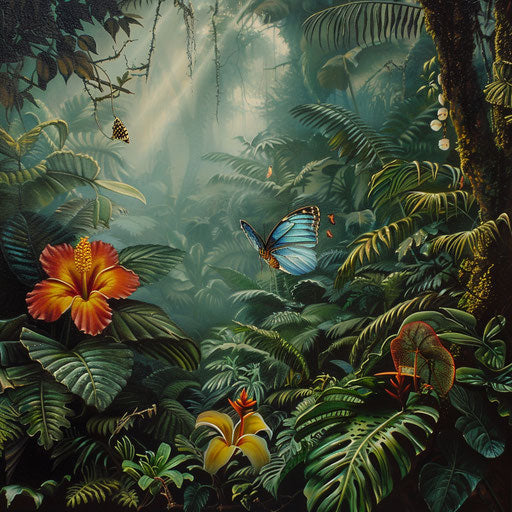 Blue butterfly on a colorful tropical flower