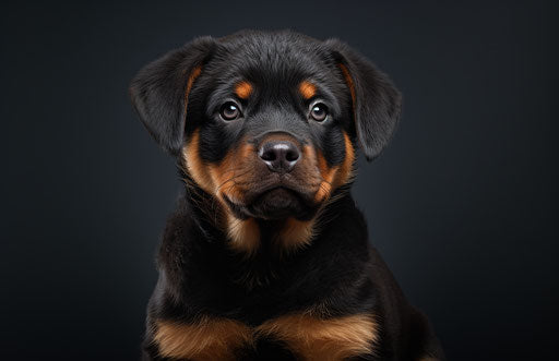 Rottweiler puppy on white background, naturecore style, bold color