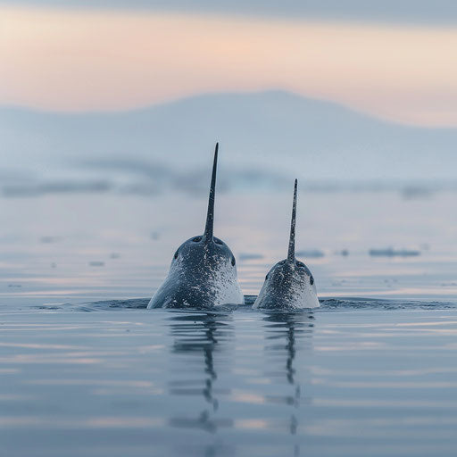 A unicorn whale and her calf in the soft light of an Arctic sunrise