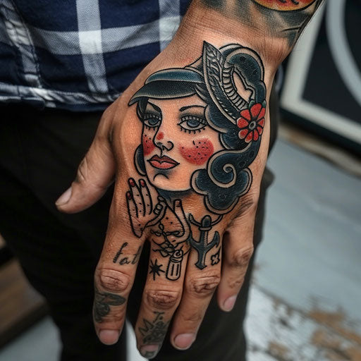 Hand tattoo men, classic pin-up girls and anchors Sailor Jerry