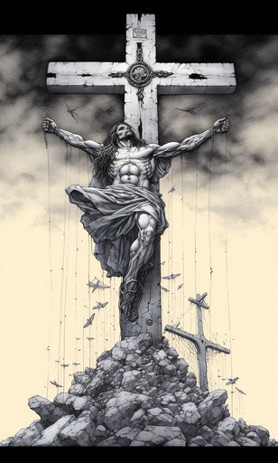 Cross with Jesus, Frank Cho style, line drawings, Anton Pieck, tenebrism, dullcore