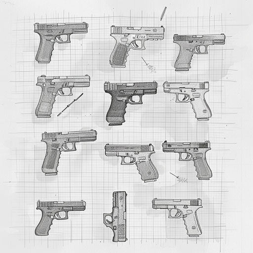 Artistic arrangement of firearms in black ink on white grid