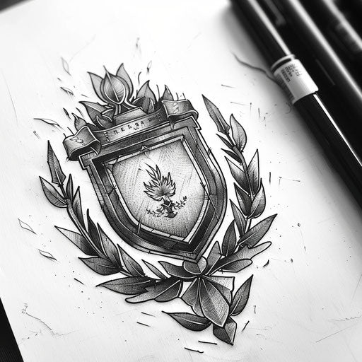 Military badge and laurels in Blackwork tattoo on white background