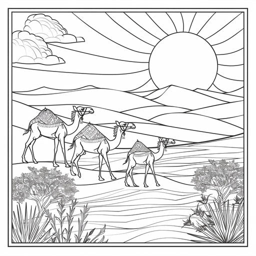 Desert sunset with camels walking