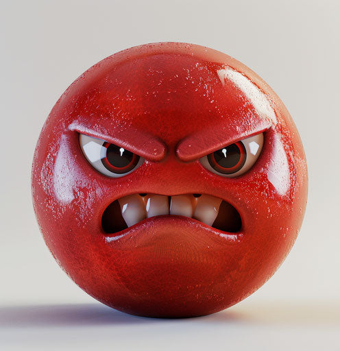 Furious red ball on white background, violent caricature