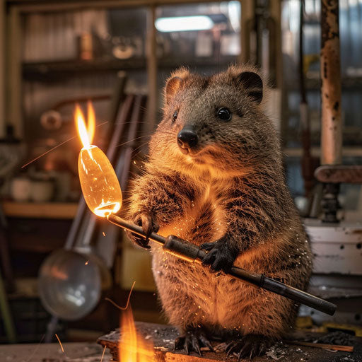 The quokka as a glassblower in a fiery workshop