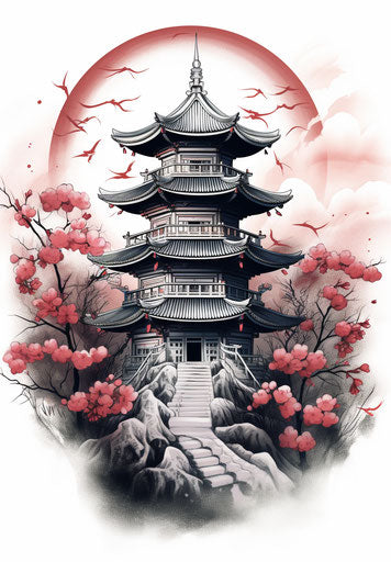 Asian pagoda with red and white lotus in the background