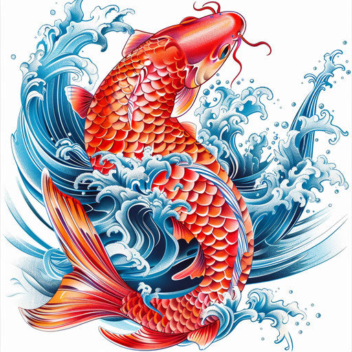 Vibrant koi fish tattoo design illustration with intricate scales and flowing water, on a pure white background