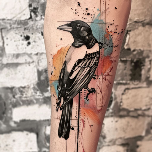 Contemporary flat tattoo sketch with a magpie against a backdrop of colorful splashes