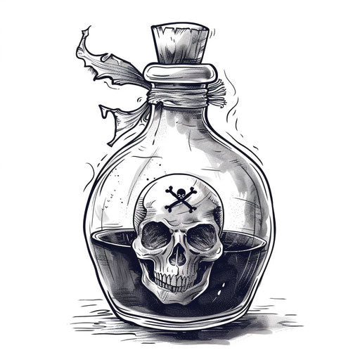 Vintage poison bottle with skull label in traditional ink