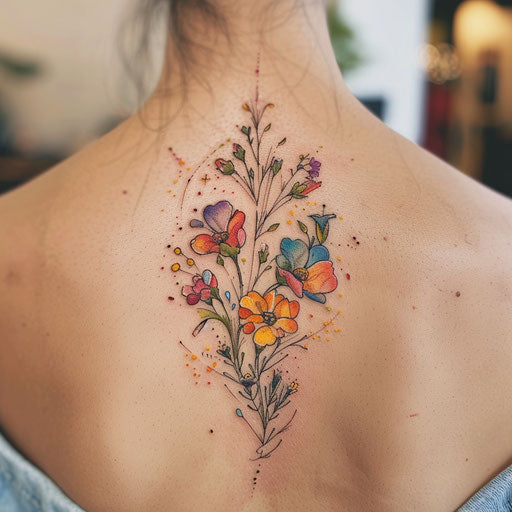 Watercolor wildflower tattoo, splashes of color, flowing design, ethereal