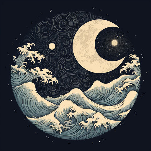 Ink illustration of yin yang moon and sun in vintage style