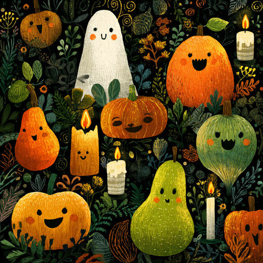 Ghosts and Pumpkins in a Whimsical Halloween Scene