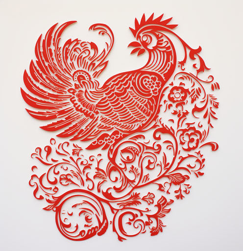 Red Chinese phoenix with bird-like wings, intricate cut-out style