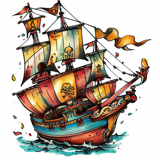 Whimsical tattoo sketch of a pirate ship with colorful sails