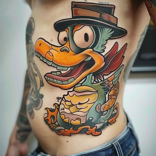 Men's rib tattoos with cartoonish twist, Steve Sack style