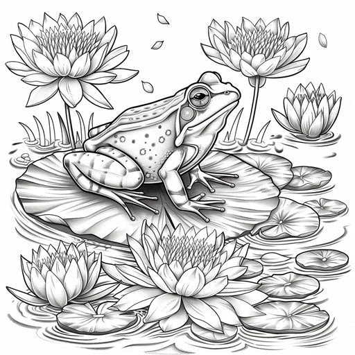 Whimsical frog on a lily pad with flowers around. Coloring book page