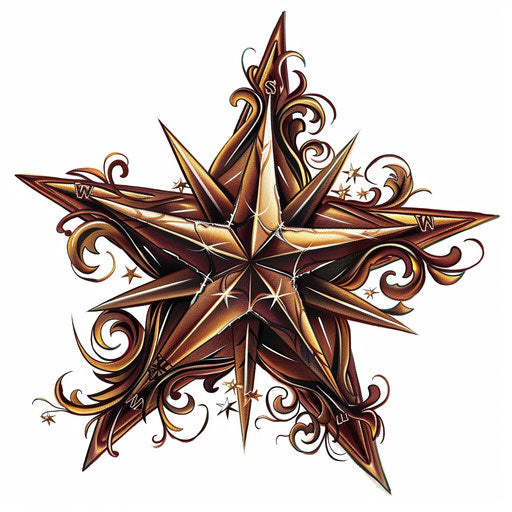 Intricate nautical star tattoo design with vintage compass