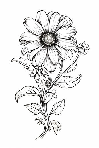 Black and white ornate flower ink drawing 84:125
