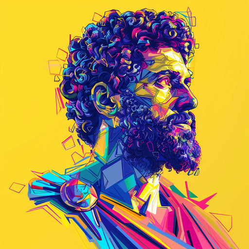 Modern flat tattoo sketch of Marcus Aurelius with digital pixel art style and vibrant colors