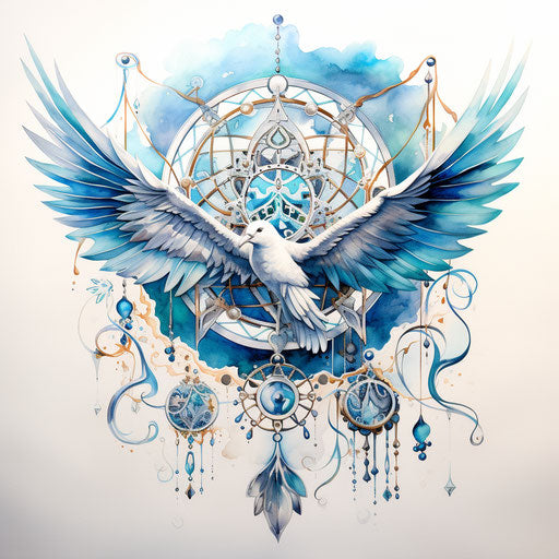 Dove flying from dream catcher, detailed ornate design, light silver and light blue, emotional watercolors, tattoo-inspired, hurufiyya, ornamental details and embellishments, colorful