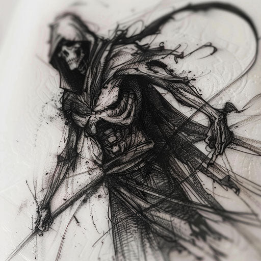 Intense blackwork reaper tattoo with innovative designs