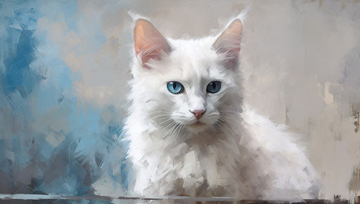 White, grey and blue cat staring at the camera