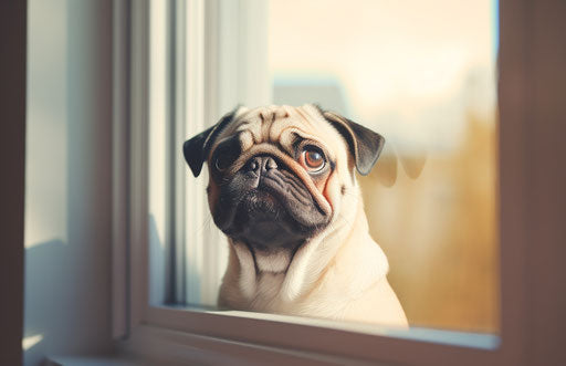 A pug in the window with ears up