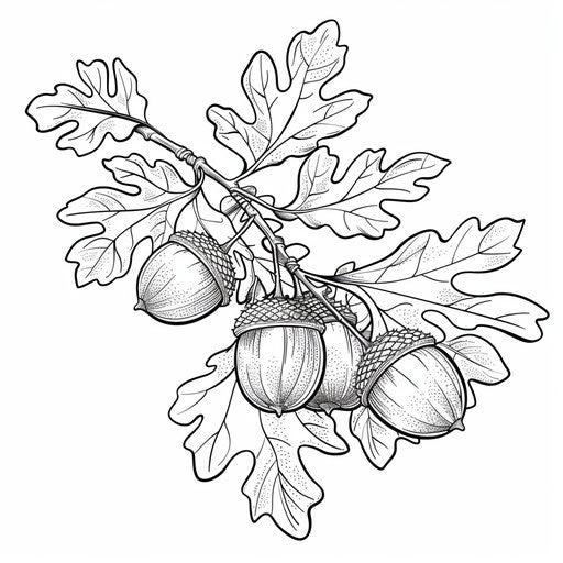 A cluster of acorns on an oak branch with detailed leaves