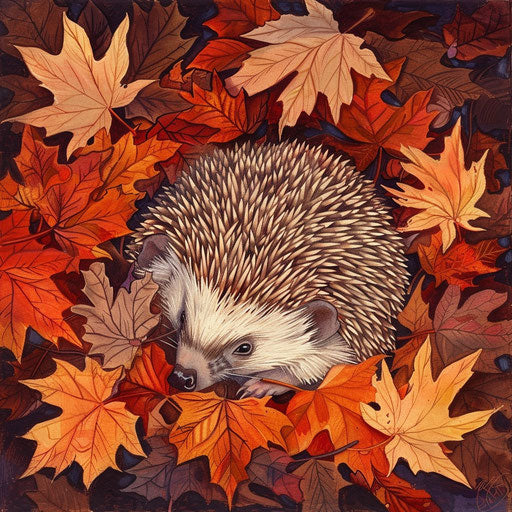 A hedgehog curled up in a bed of autumn leaves