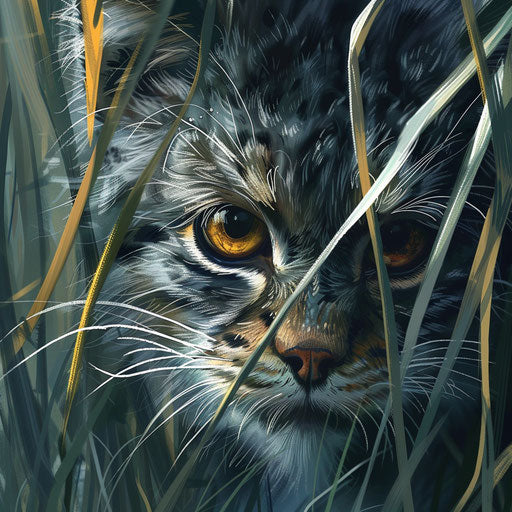 A manul cat peering through the tall grasses