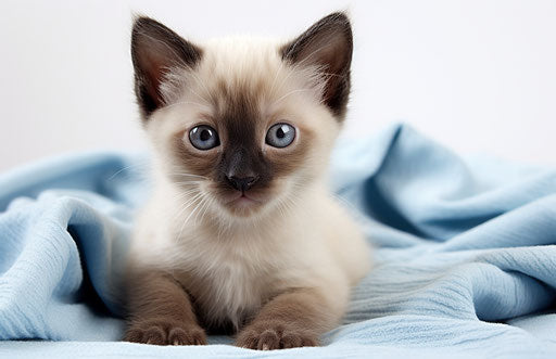 Siamese kitten sitting on a white blanket