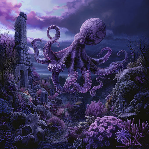 Ghostly octopus drifting over a coral graveyard at twilight