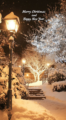 Snowy scene with lamppost and snowy trees under shining lights