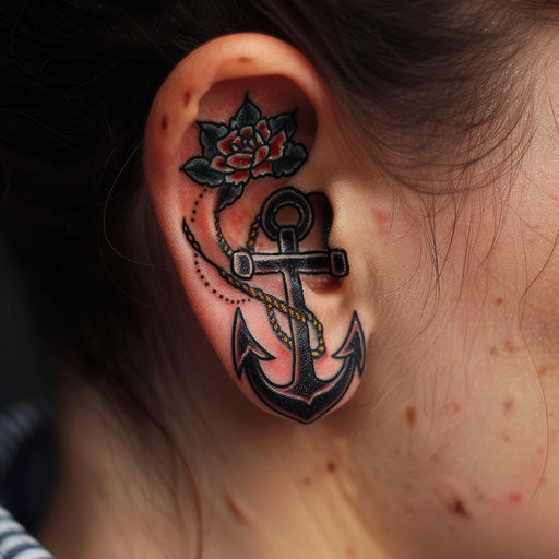 Ear tattoos in the style of Sailor Jerry showcasing a nautical anchor