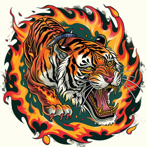 Tiger surrounded by bold colorful flames