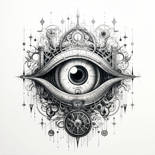 Black and white drawing with an eye in spiritual style