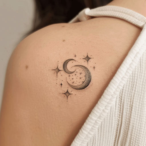Korean celestial bodies tattoo, moon and stars in traditional style