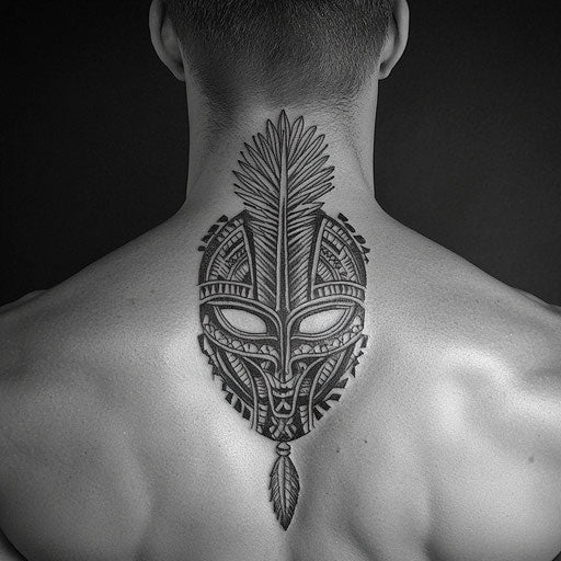 Tribal tattoos for men with a tribal warrior mask on the upper back