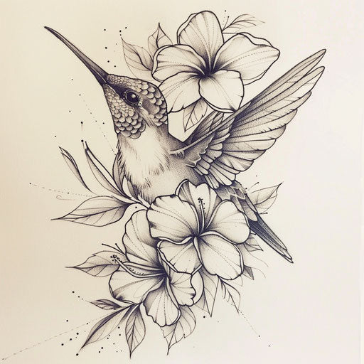 Sketch of a serene hummingbird with hibiscus flowers for wrist coverup tattoo for women