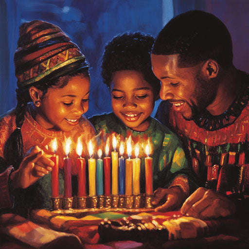 A family lighting the candles of the kinara for Kwanzaa