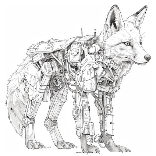 Futuristic fox with robotic elements in the style of a Hideo Kojima coloring book