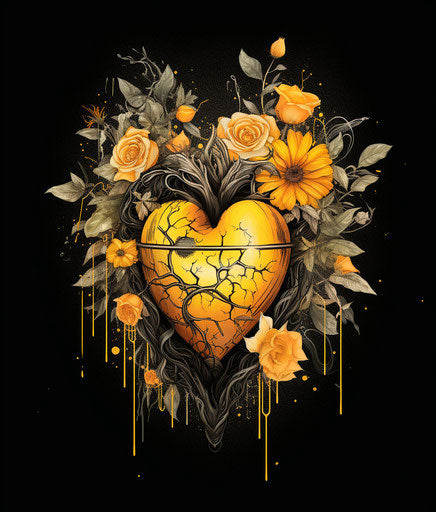 Tattooed hearts in larme kei style, dark yellow and light magenta