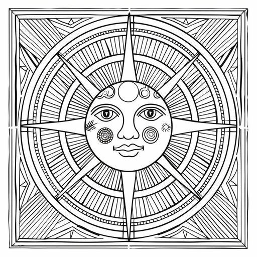 Stylized sun with geometric shapes and bold lines.